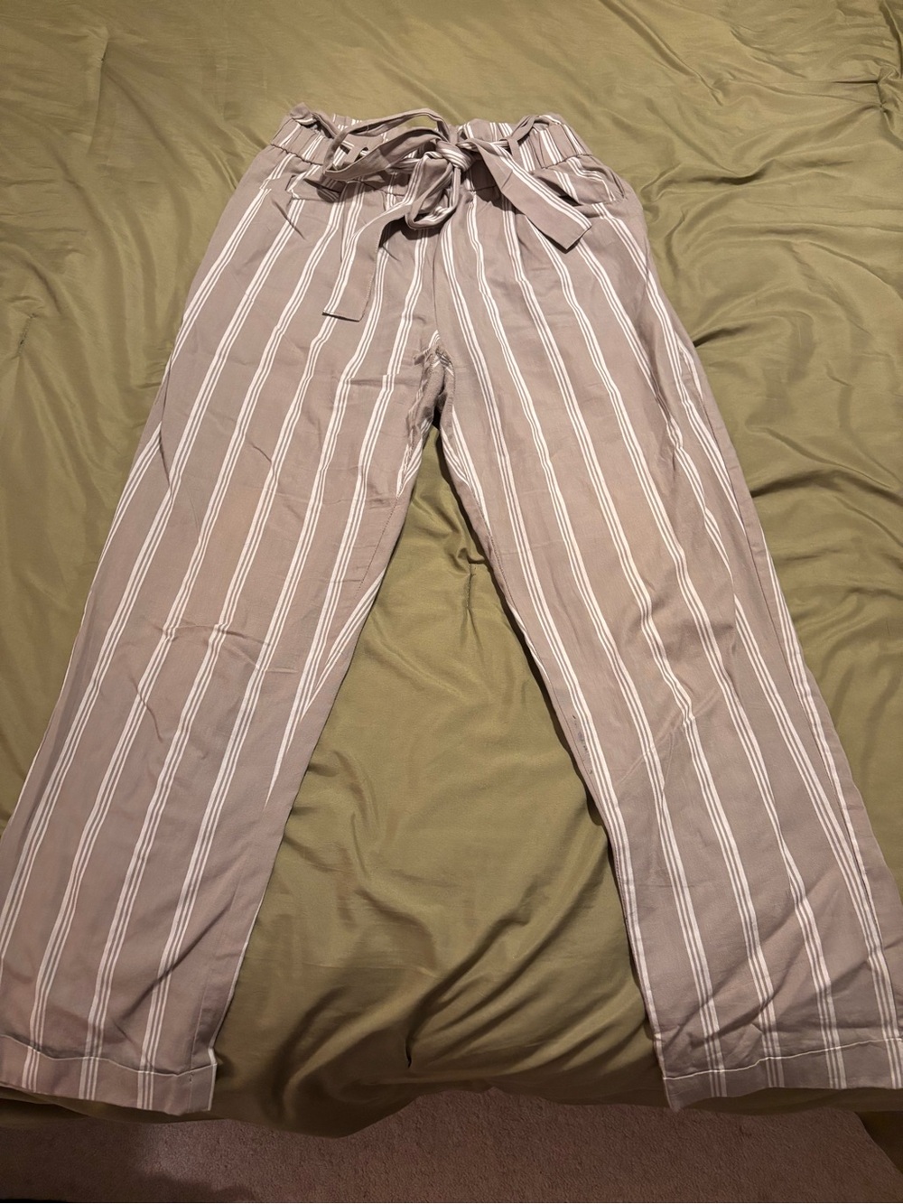 Thread & Supply Taupe and White Striped Tie-Waist Pants